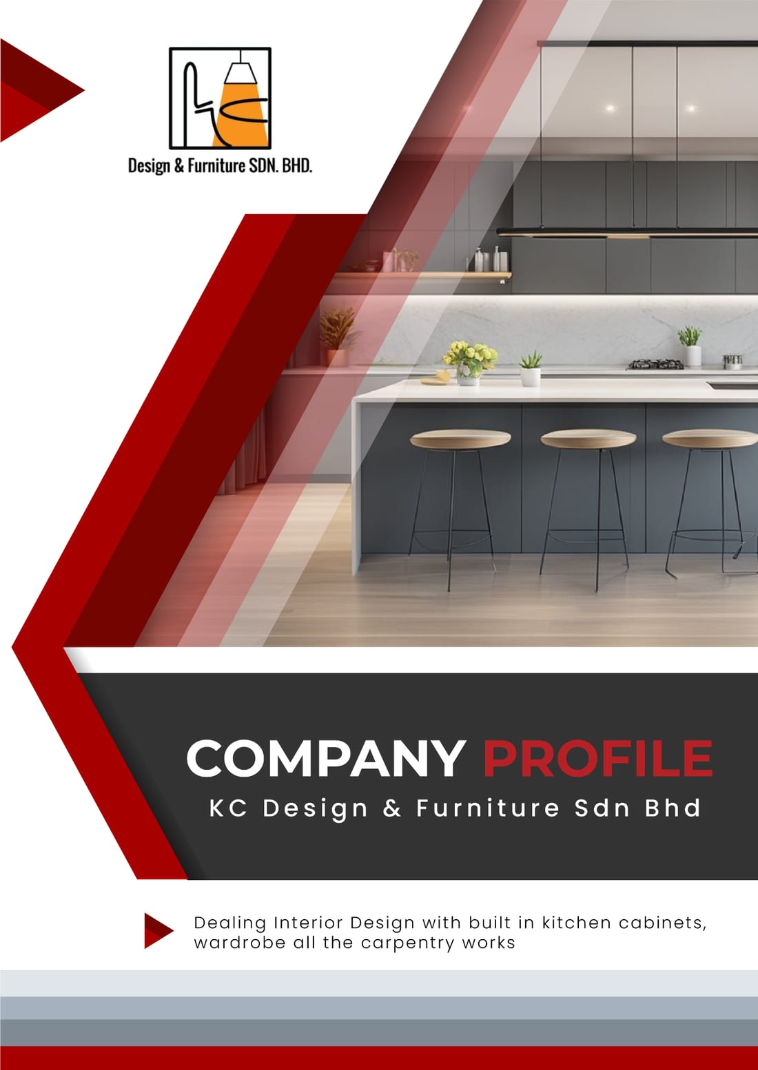 KC Design & Furniture company profile cover with kitchen cabinet interior
