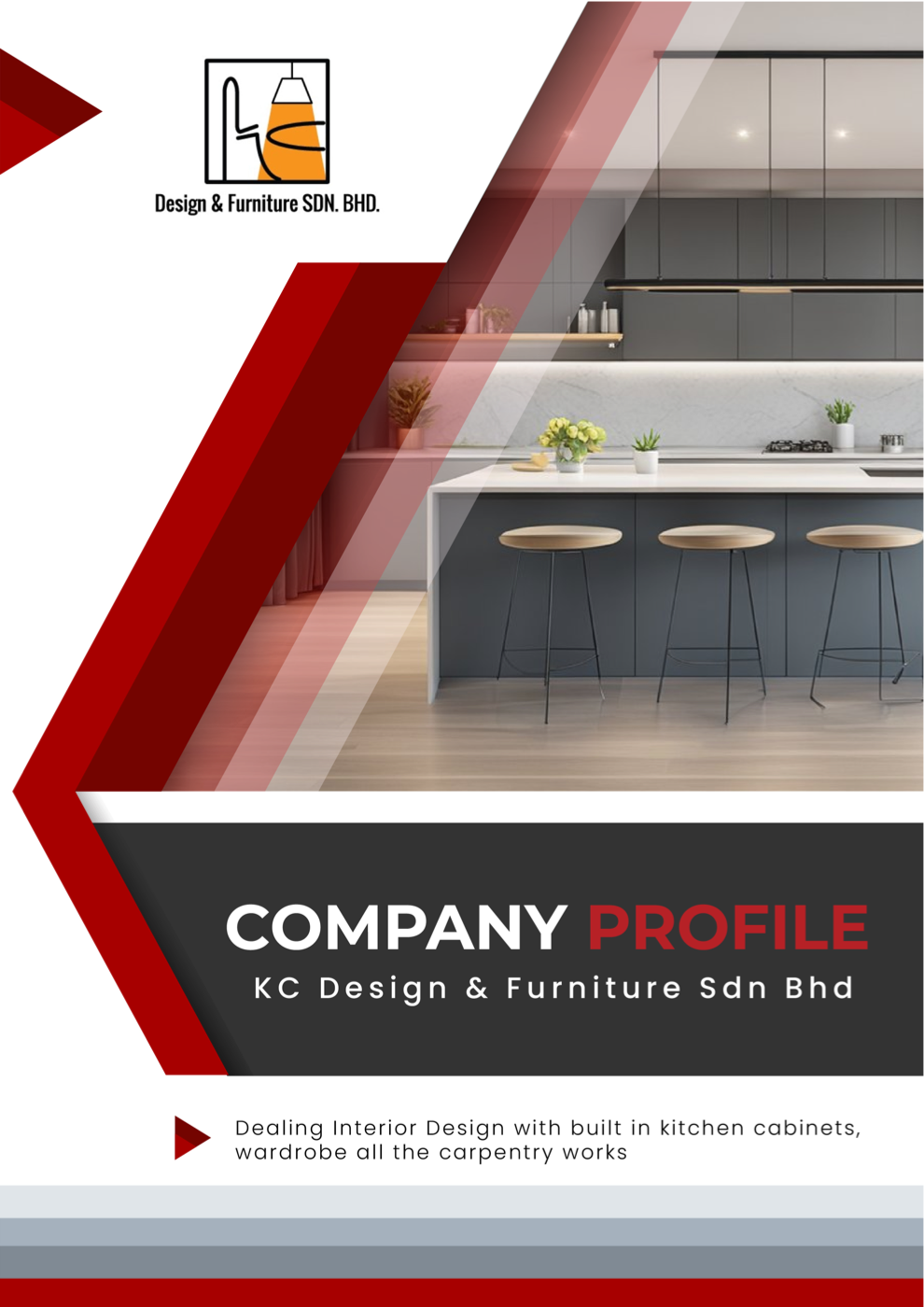 KC Design & Furniture company profile cover with kitchen cabinet interior